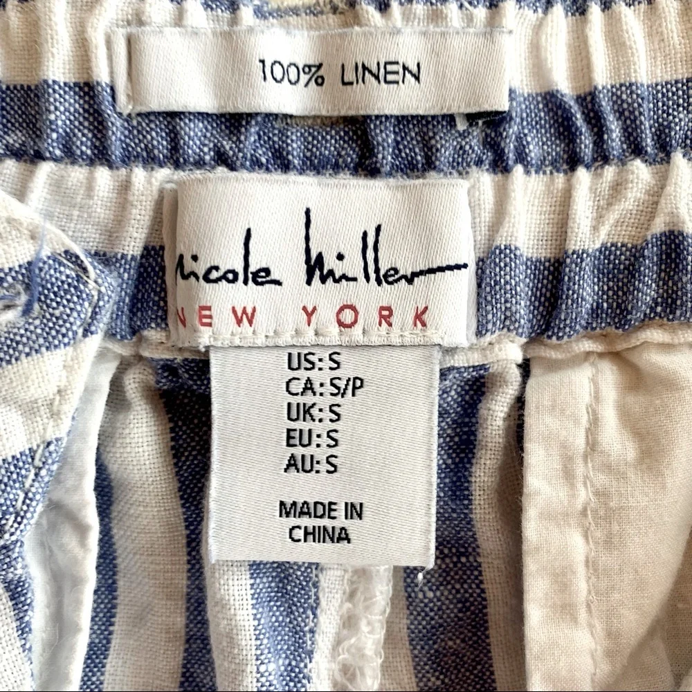 100% Linen Nicole Miller Striped Shorts in Blue & White with Rope Tie Belt - Picture 5 of 9
